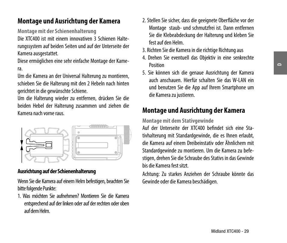 Montage und ausrichtung der kamera | MIDLAND XTC 400 No HDMI User Manual | Page 31 / 117