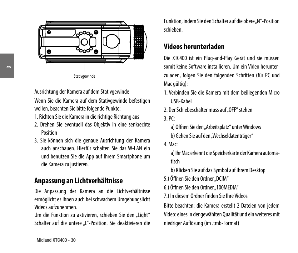 Anpassung an lichtverhältnisse, Videos herunterladen | MIDLAND XTC 400 No HDMI User Manual | Page 32 / 117