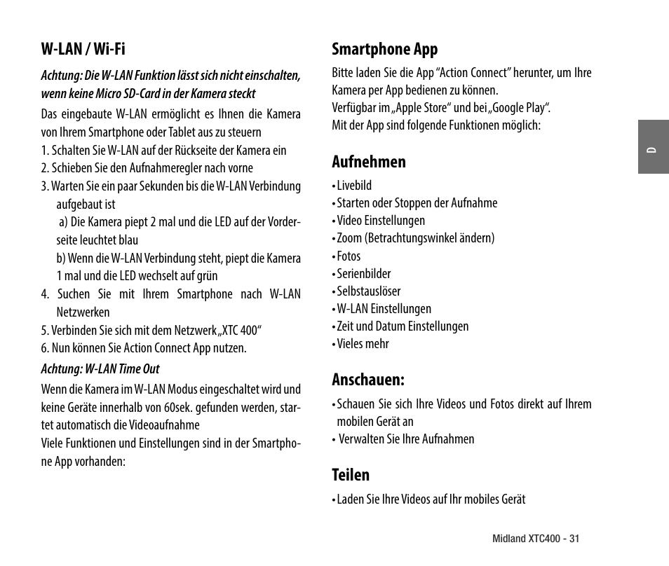 W-lan / wi-fi, Smartphone app, Aufnehmen | Anschauen, Teilen | MIDLAND XTC 400 No HDMI User Manual | Page 33 / 117
