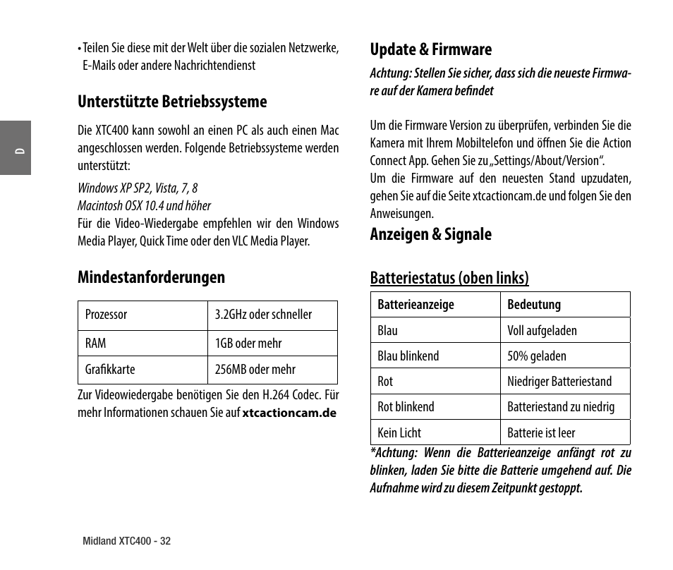 Unterstützte betriebssysteme, Mindestanforderungen, Update & firmware | Anzeigen & signale batteriestatus (oben links) | MIDLAND XTC 400 No HDMI User Manual | Page 34 / 117