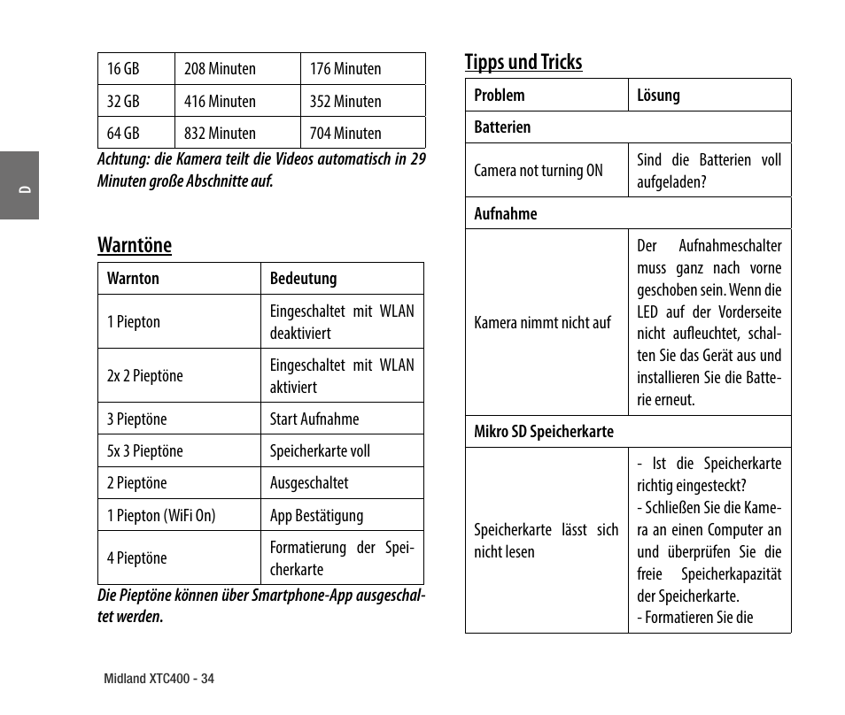 Warntöne, Tipps und tricks | MIDLAND XTC 400 No HDMI User Manual | Page 36 / 117