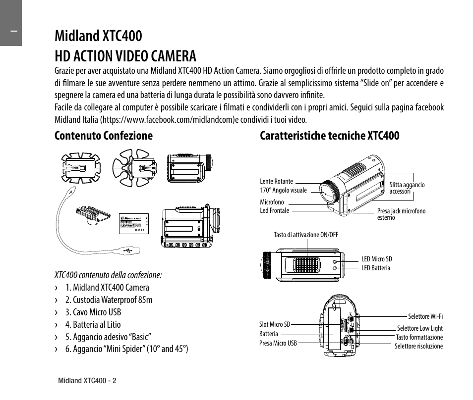 Contenuto confezione, Caratteristiche tecniche xtc400, Midland xtc400 hd action video camera | MIDLAND XTC 400 No HDMI User Manual | Page 4 / 117