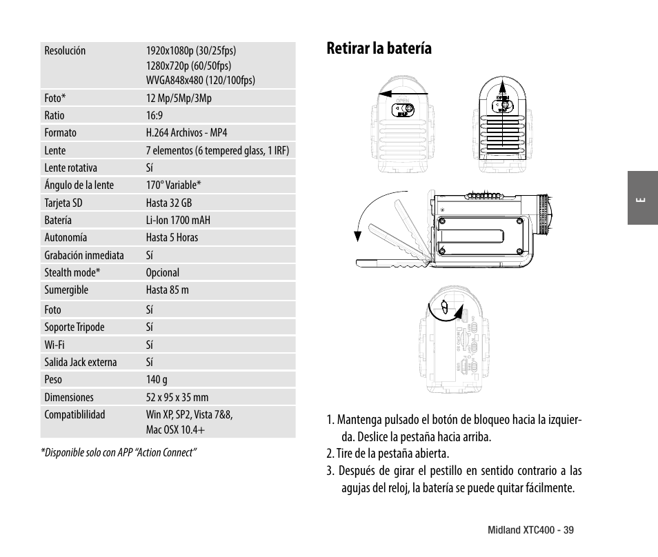 Retirar la batería | MIDLAND XTC 400 No HDMI User Manual | Page 41 / 117