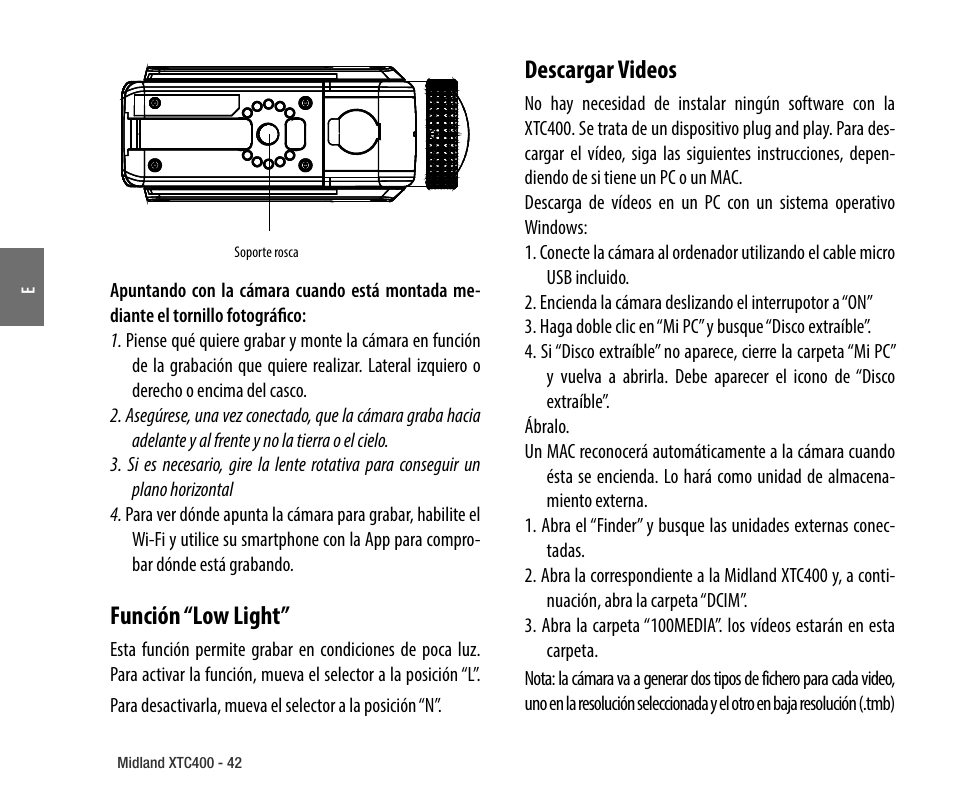 Función “low light, Descargar videos | MIDLAND XTC 400 No HDMI User Manual | Page 44 / 117