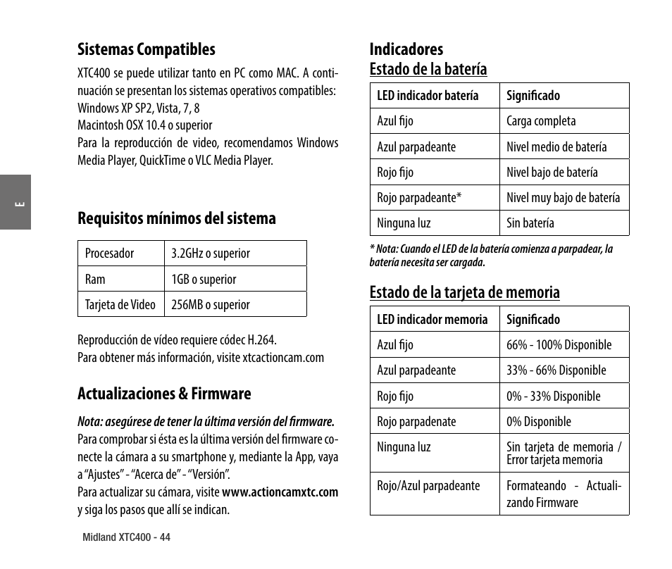 Requisitos mínimos del sistema, Actualizaciones & firmware, Indicadores | Sistemas compatibles, Indicadores estado de la batería | MIDLAND XTC 400 No HDMI User Manual | Page 46 / 117
