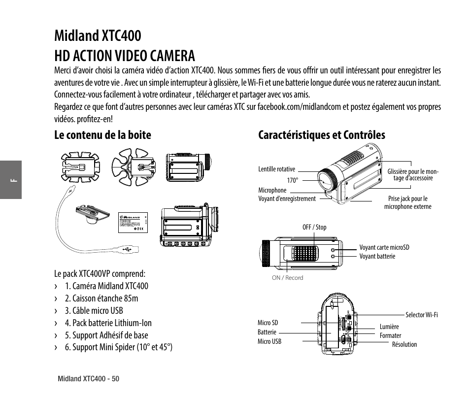 Le contenu de la boite, Caractéristiques et contrôles, Midland xtc400 hd action video camera | MIDLAND XTC 400 No HDMI User Manual | Page 52 / 117