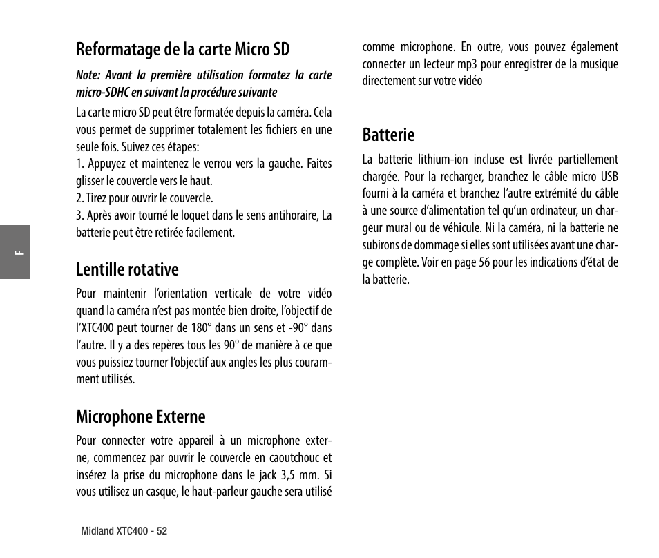 Reformatage de la carte micro sd, Lentille rotative, Microphone externe | Batterie | MIDLAND XTC 400 No HDMI User Manual | Page 54 / 117