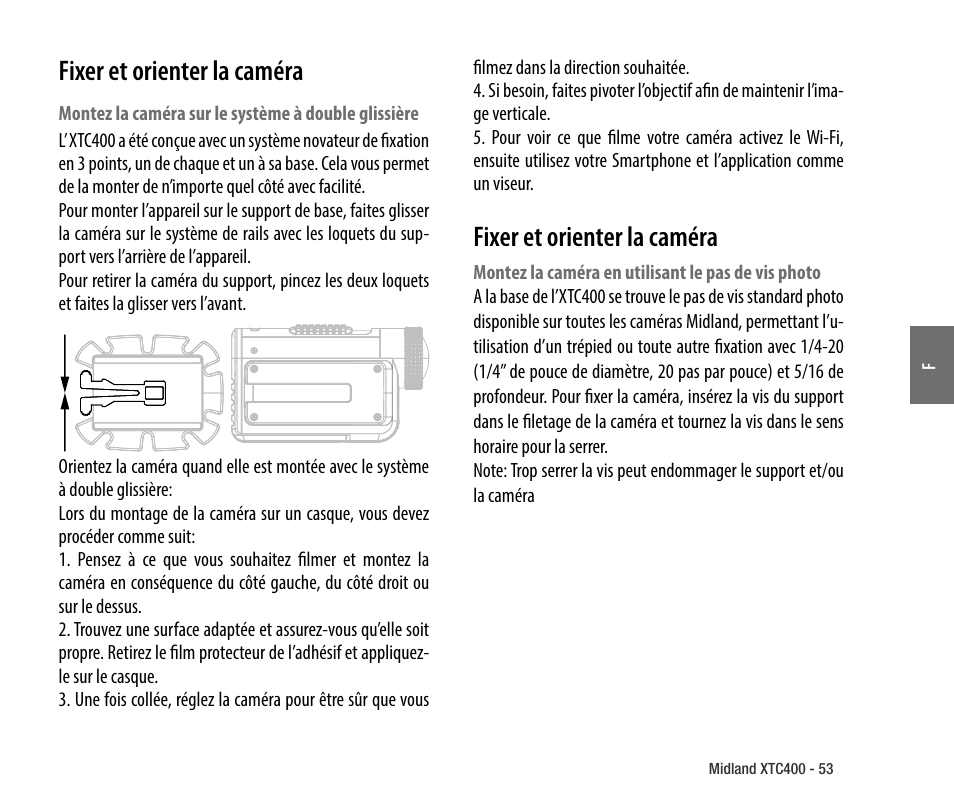 Fixer et orienter la caméra | MIDLAND XTC 400 No HDMI User Manual | Page 55 / 117