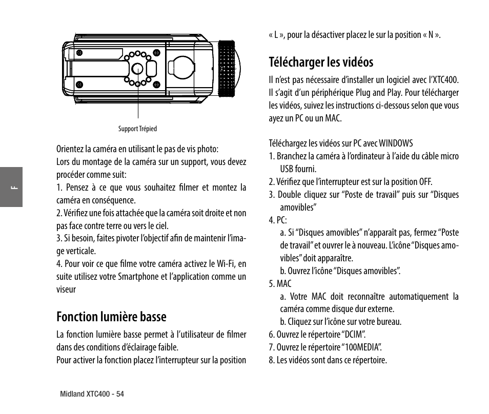 Fonction lumière basse, Télécharger les vidéos | MIDLAND XTC 400 No HDMI User Manual | Page 56 / 117