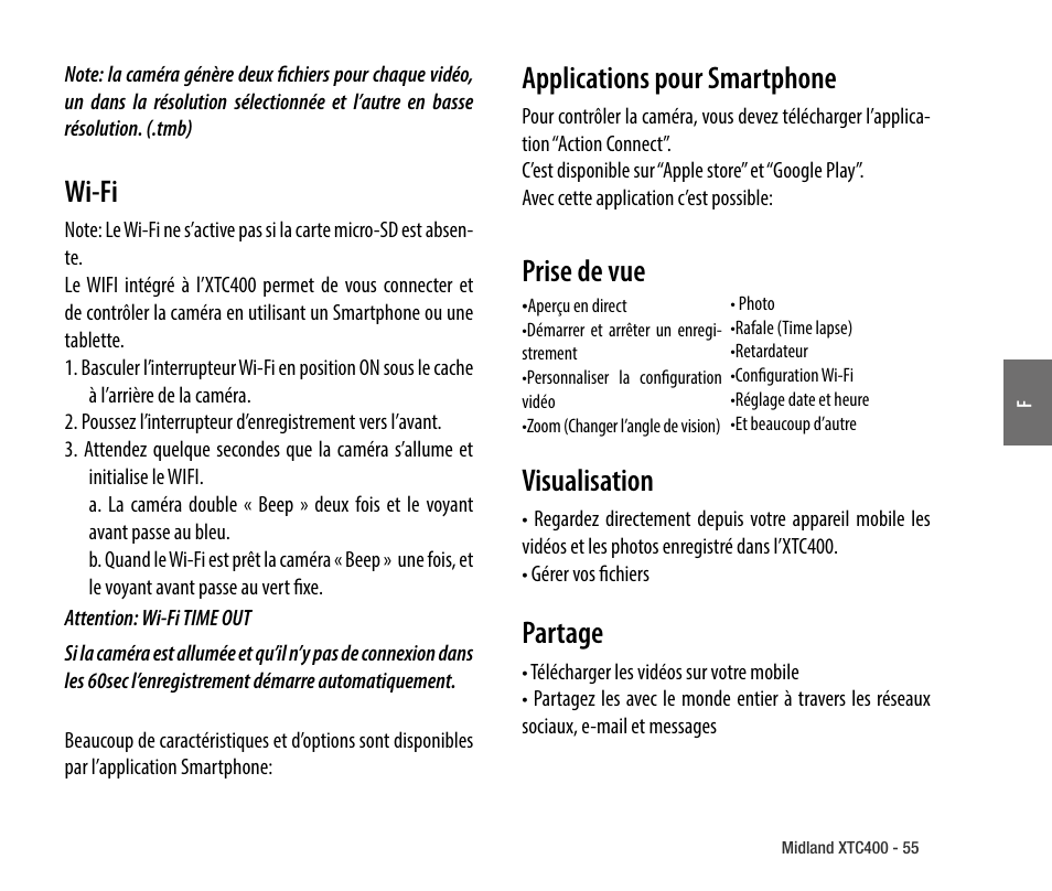 Wi-fi, Prise de vue, Visualisation | Partage, Système compatible, Applications pour smartphone, Prise de vue visualisation | MIDLAND XTC 400 No HDMI User Manual | Page 57 / 117