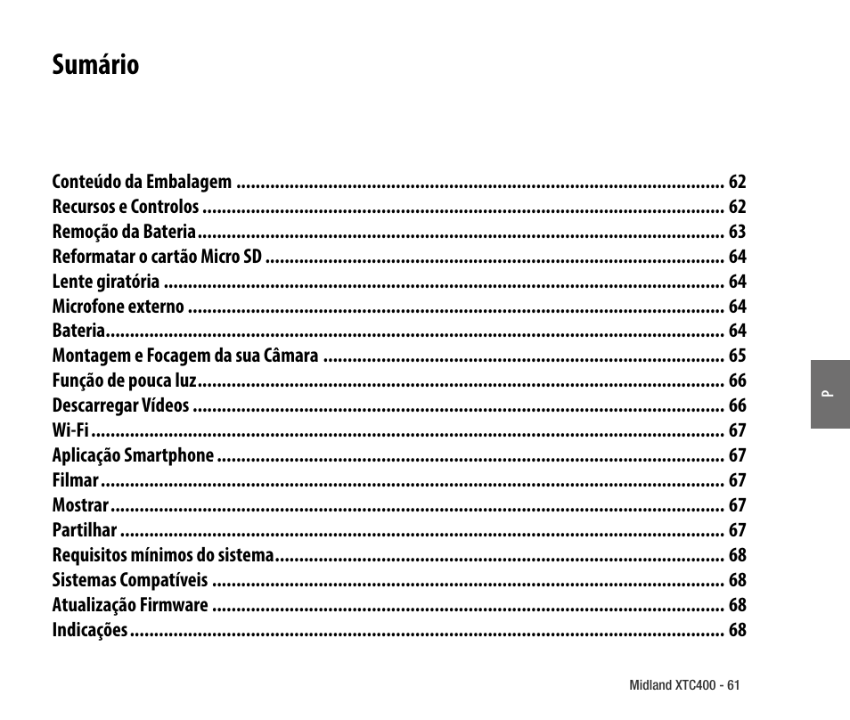 Sumário | MIDLAND XTC 400 No HDMI User Manual | Page 63 / 117
