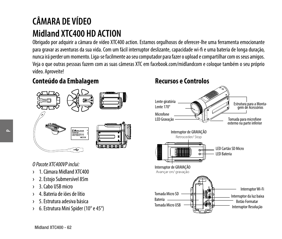 Conteúdo da embalagem, Recursos e controlos, Câmara de vídeo midland xtc400 hd action | MIDLAND XTC 400 No HDMI User Manual | Page 64 / 117