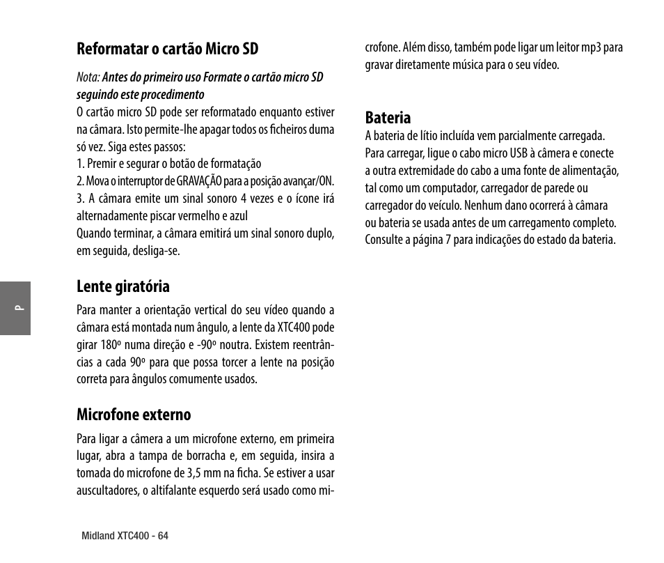 Reformatar o cartão micro sd, Lente giratória, Microfone externo | Bateria | MIDLAND XTC 400 No HDMI User Manual | Page 66 / 117