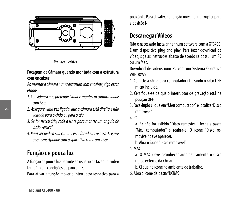 Função de pouca luz, Descarregar vídeos | MIDLAND XTC 400 No HDMI User Manual | Page 68 / 117