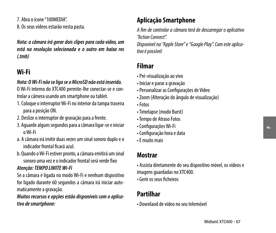 Wi-fi, Aplicação smartphone, Filmar | Mostrar, Partilhar | MIDLAND XTC 400 No HDMI User Manual | Page 69 / 117