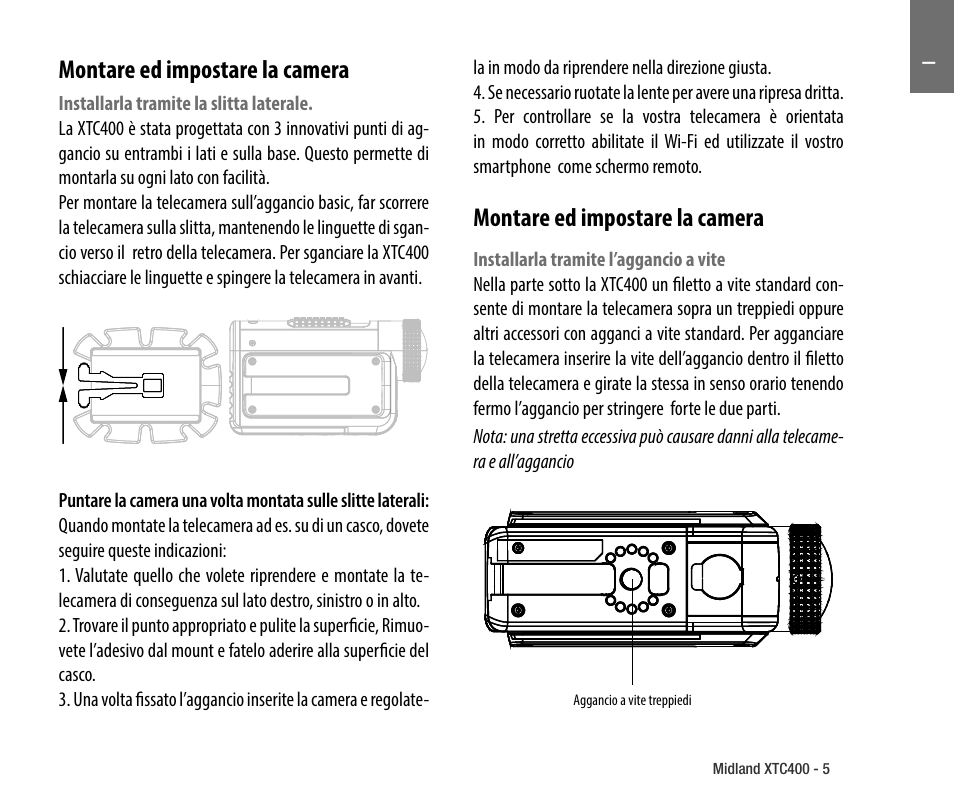 Montare ed impostare la camera | MIDLAND XTC 400 No HDMI User Manual | Page 7 / 117