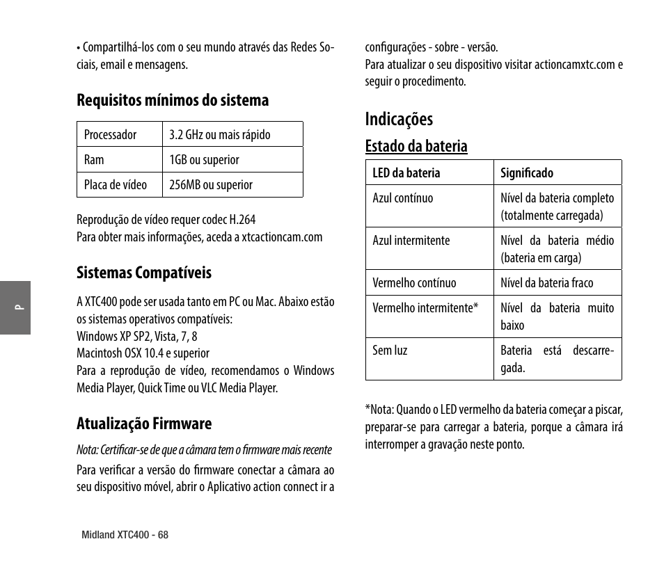 Requisitos mínimos do sistema, Sistemas compatíveis, Atualização firmware | Indicações, Estado da bateria | MIDLAND XTC 400 No HDMI User Manual | Page 70 / 117