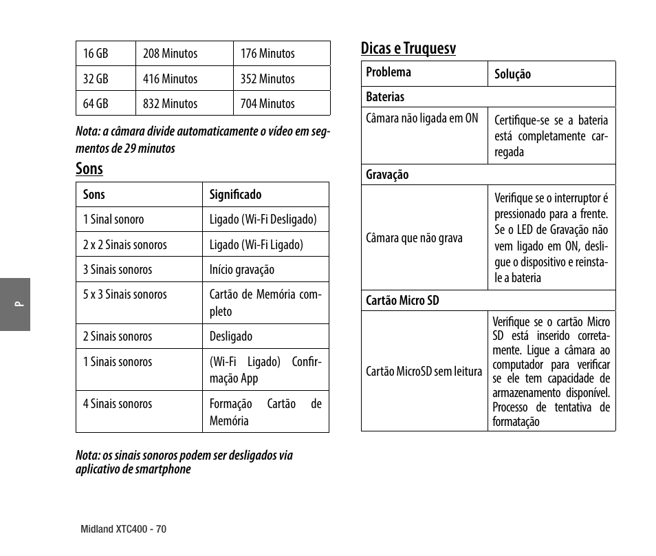 Sons, Dicas e truquesv | MIDLAND XTC 400 No HDMI User Manual | Page 72 / 117