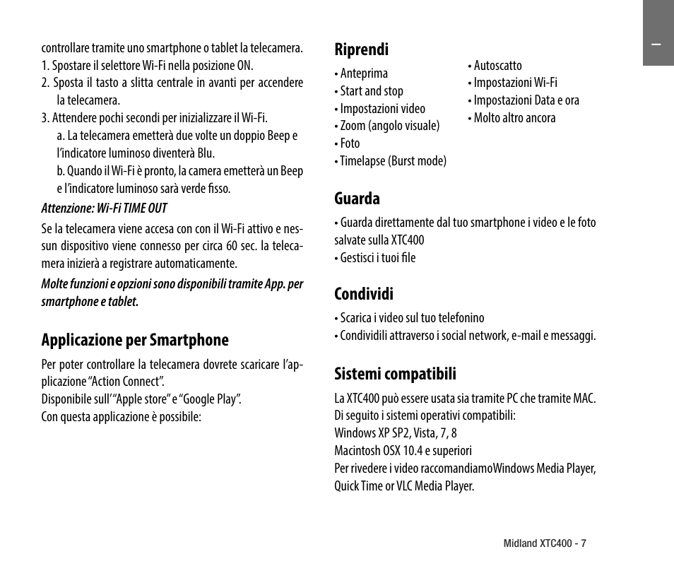Applicazione per smartphone, Guarda, Condividi | Sistemi compatibili, Riprendi | MIDLAND XTC 400 No HDMI User Manual | Page 9 / 117