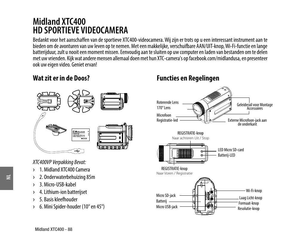 Wat zit er in de doos, Functies en regelingen, Midland xtc400 hd sportieve videocamera | MIDLAND XTC 400 No HDMI User Manual | Page 90 / 117