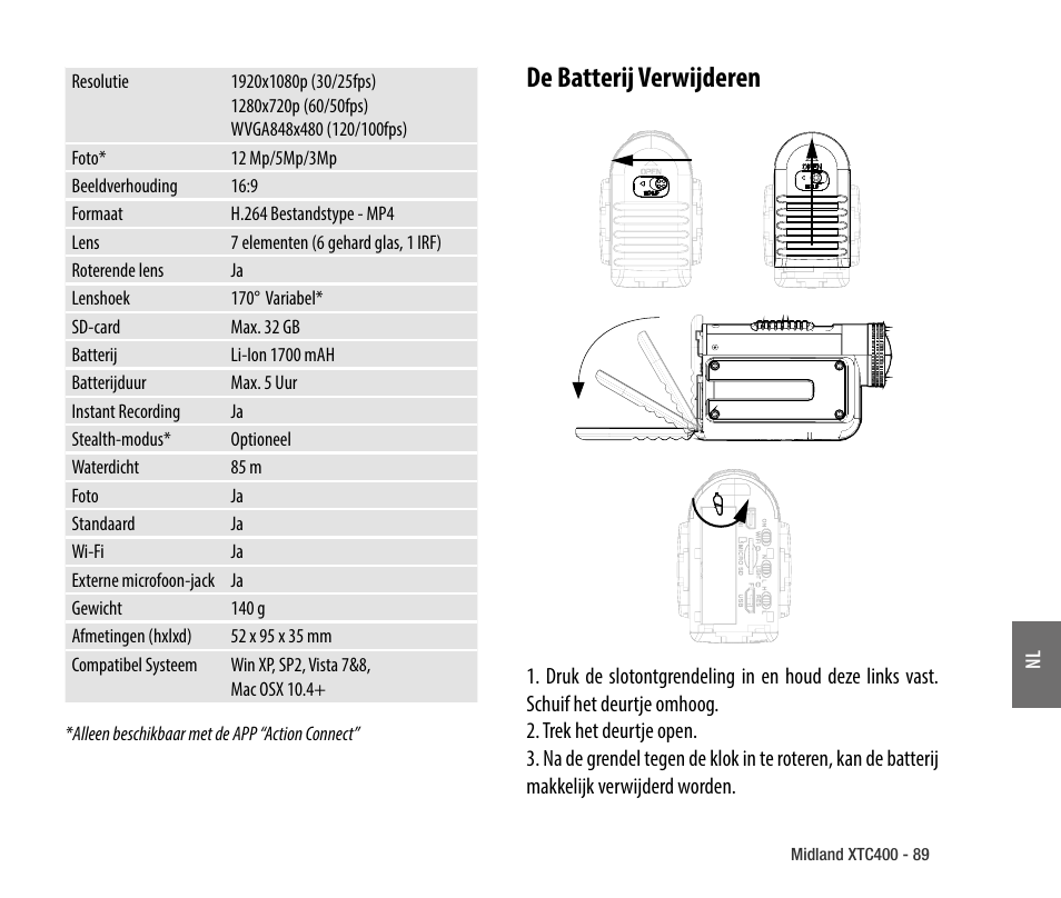 De batterij verwijderen | MIDLAND XTC 400 No HDMI User Manual | Page 91 / 117