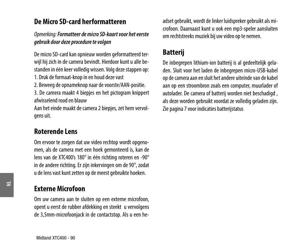 De micro sd-card herformatteren, Roterende lens, Externe microfoon | Batterij | MIDLAND XTC 400 No HDMI User Manual | Page 92 / 117