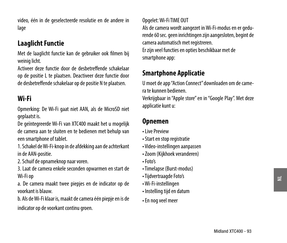 Laaglicht functie, Wi-fi, Smartphone applicatie | Opnemen | MIDLAND XTC 400 No HDMI User Manual | Page 95 / 117