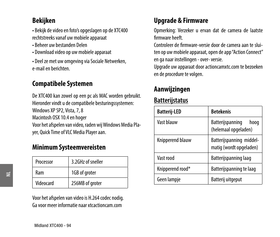 Bekijken, Compatibele systemen, Minimum systeemvereisten | Upgrade & firmware, Aanwijzingen, Aanwijzingen batterijstatus | MIDLAND XTC 400 No HDMI User Manual | Page 96 / 117