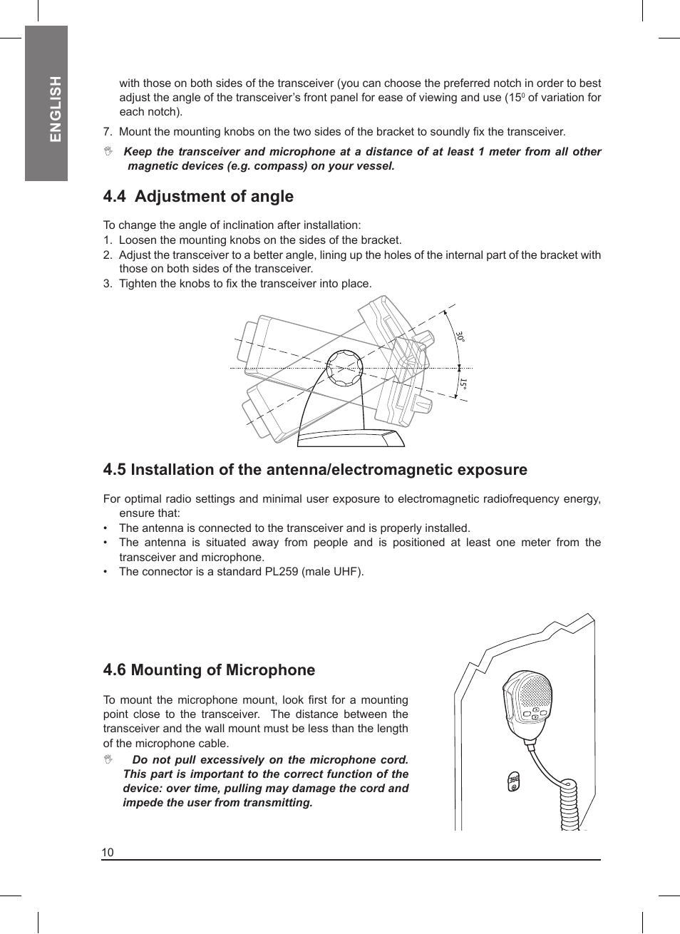 4 adjustment of angle, Mounting of microphone, English | MIDLAND Neptune 100 User Manual | Page 10 / 28
