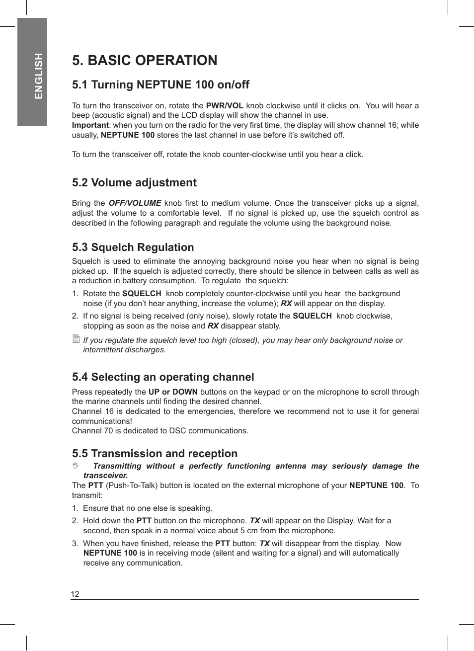 Basic operation, 1 turning neptune 100 on/off, 2 volume adjustment | Squelch regulation, Selecting an operating channel, Transmission and reception | MIDLAND Neptune 100 User Manual | Page 12 / 28