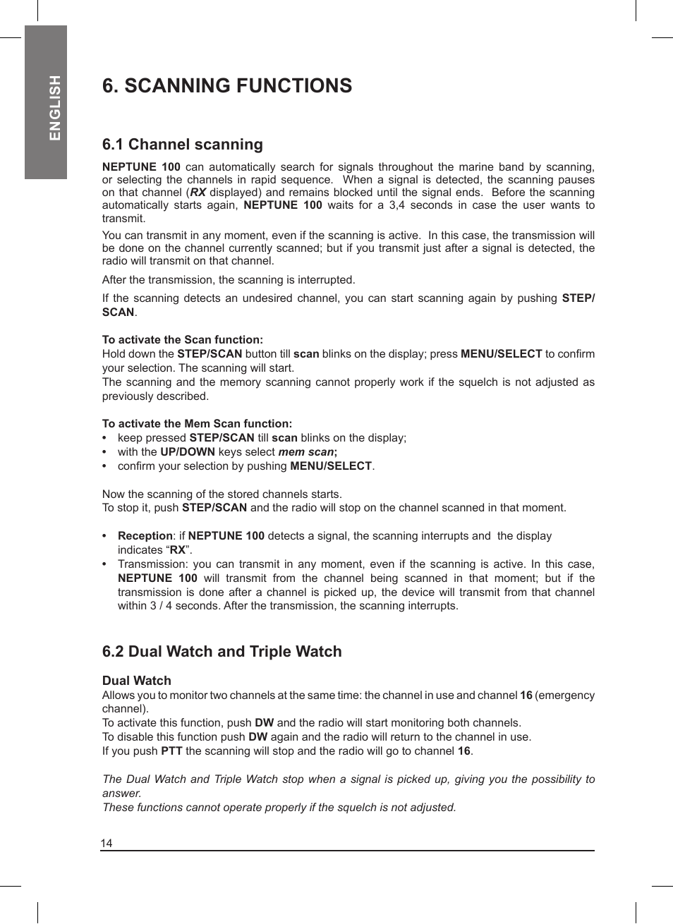 Scanning functions, 1 channel scanning, 2 dual watch and triple watch | MIDLAND Neptune 100 User Manual | Page 14 / 28