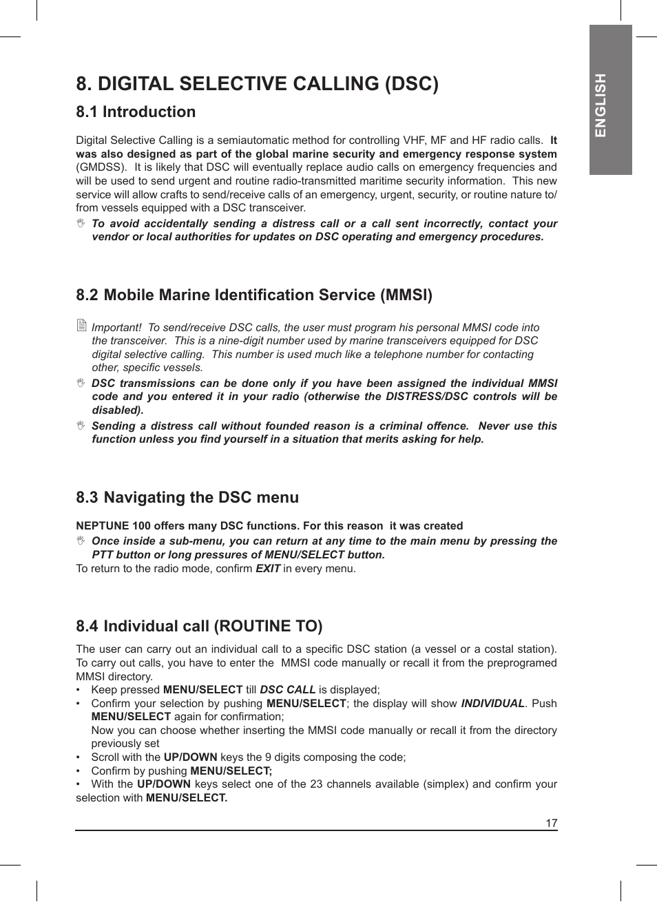 Digital selective calling (dsc), 1 introduction, 2 mobile marine identification service (mmsi) | 3 navigating the dsc menu, 4 individual call (routine to) | MIDLAND Neptune 100 User Manual | Page 17 / 28