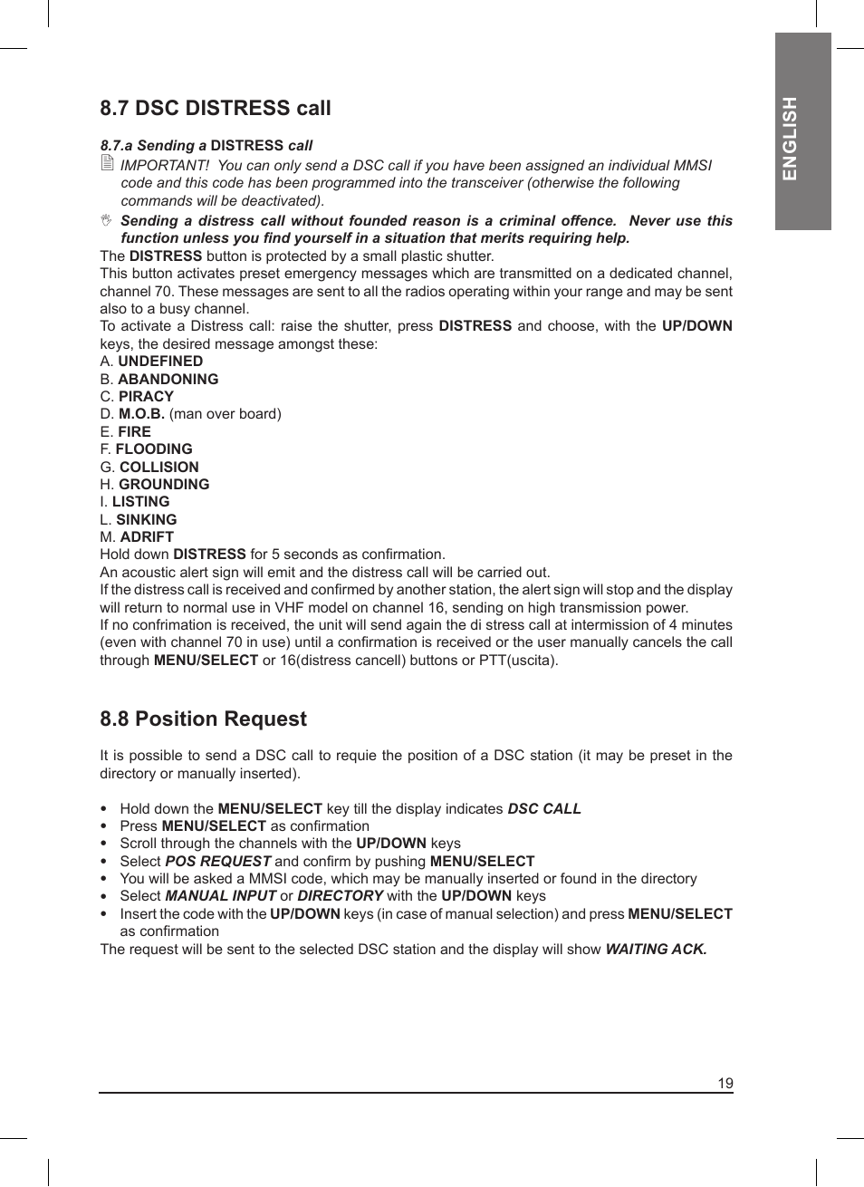 7 dsc distress call, 8 position request | MIDLAND Neptune 100 User Manual | Page 19 / 28