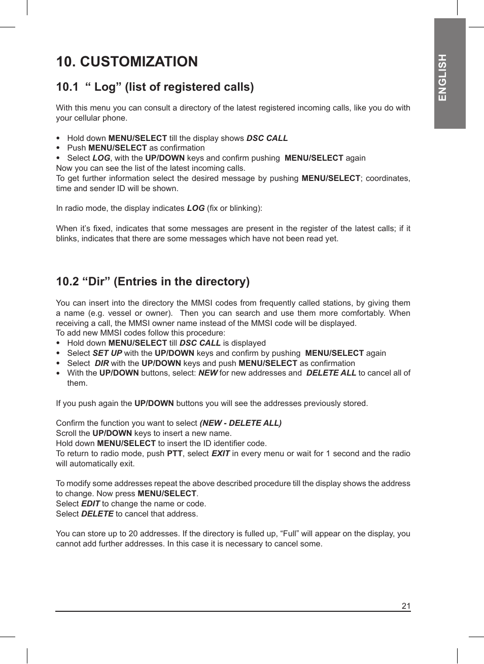 Customization, 1 “ log” (list of registered calls), 2 “dir” (entries in the directory) | MIDLAND Neptune 100 User Manual | Page 21 / 28