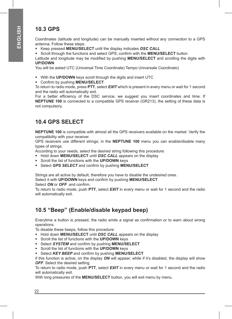3 gps, 4 gps select, 5 “beep” (enable/disable keypad beep) | MIDLAND Neptune 100 User Manual | Page 22 / 28