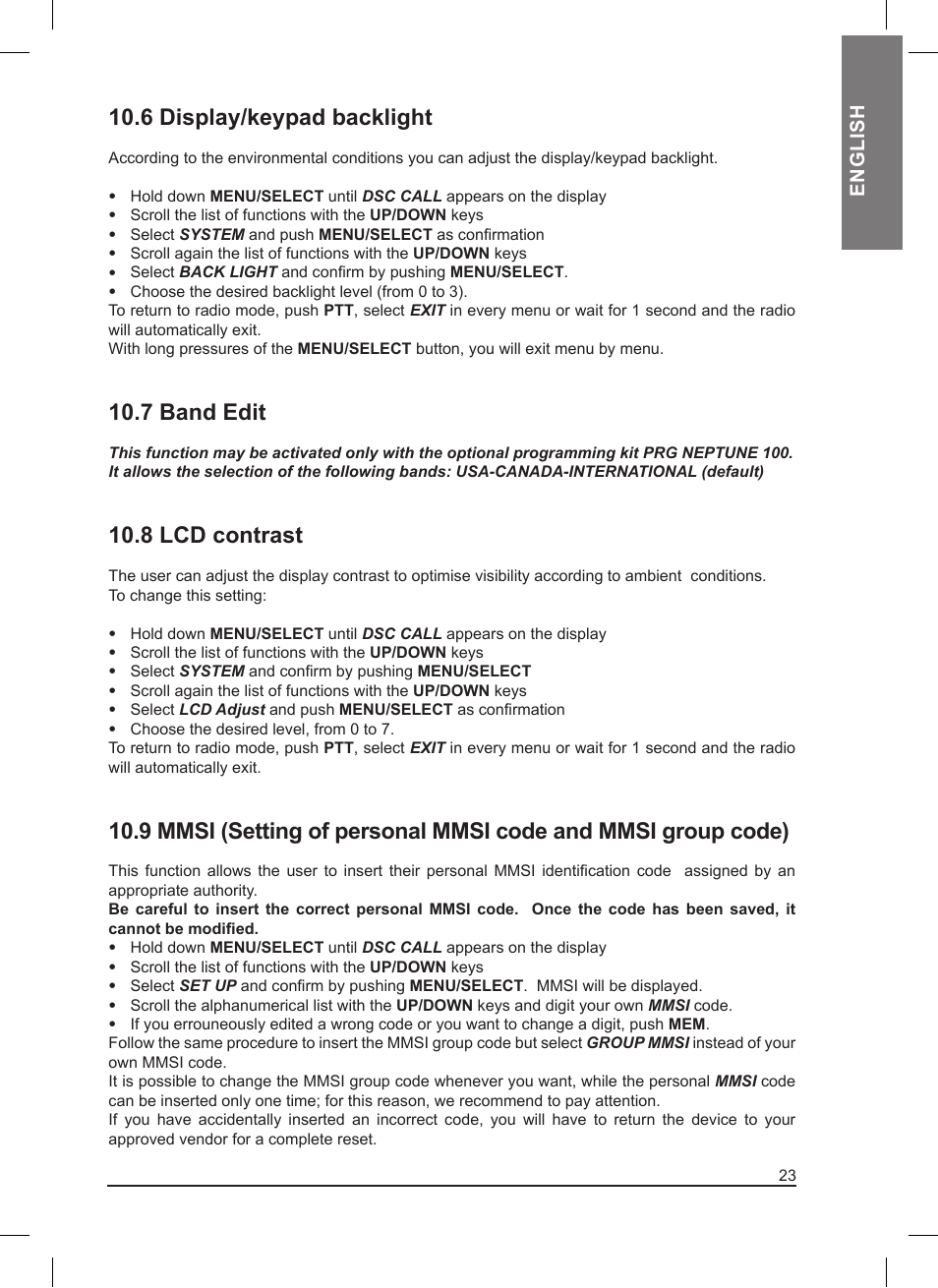 6 display/keypad backlight, 7 band edit, 8 lcd contrast | MIDLAND Neptune 100 User Manual | Page 23 / 28