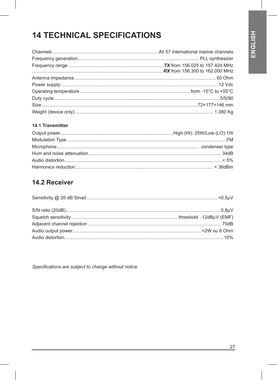 14 technical specifications, 2 receiver | MIDLAND Neptune 100 User Manual | Page 27 / 28