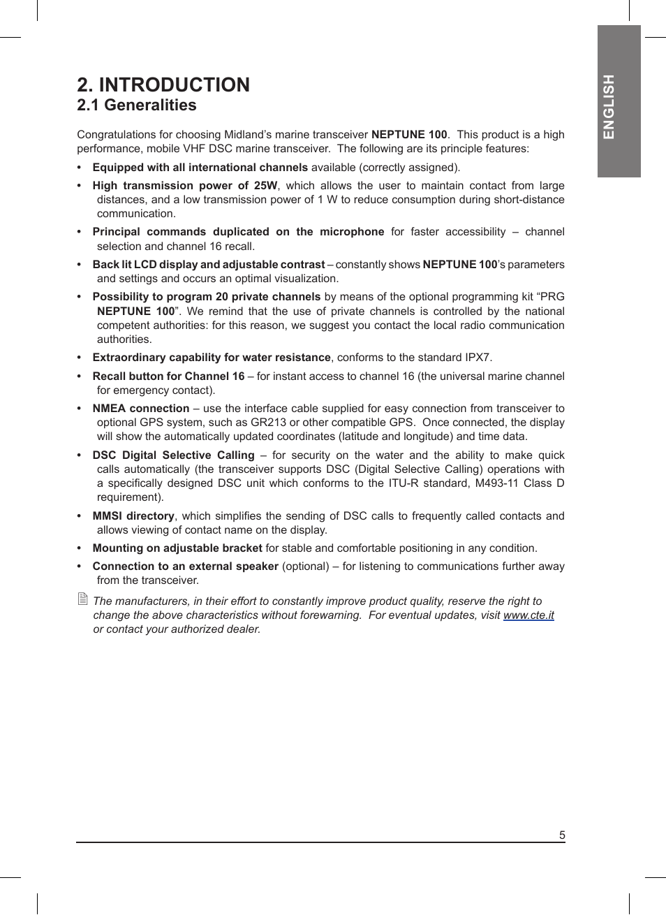 Introduction, 1 generalities, English | MIDLAND Neptune 100 User Manual | Page 5 / 28