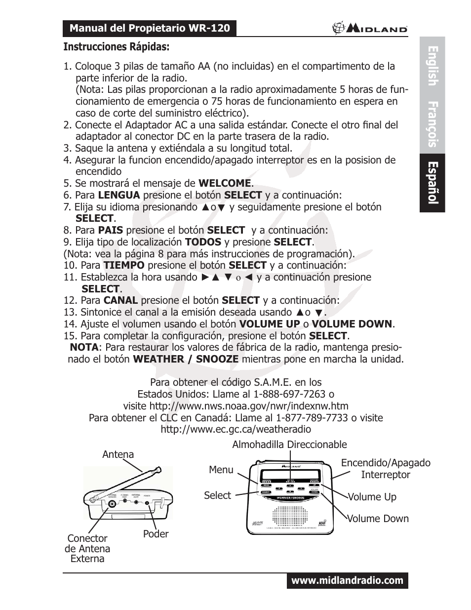 English françois español | MIDLAND WR-120 Quick Guide User Manual | Page 3 / 3