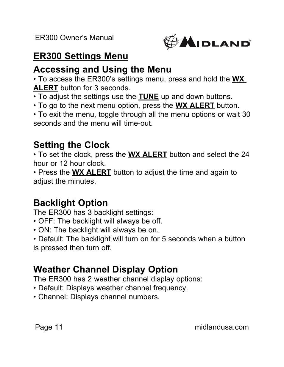 Er300 settings menu, Er300 settings menu accessing and using the menu, Setting the clock | Backlight option, Weather channel display option | MIDLAND ER300 User Manual | Page 11 / 19