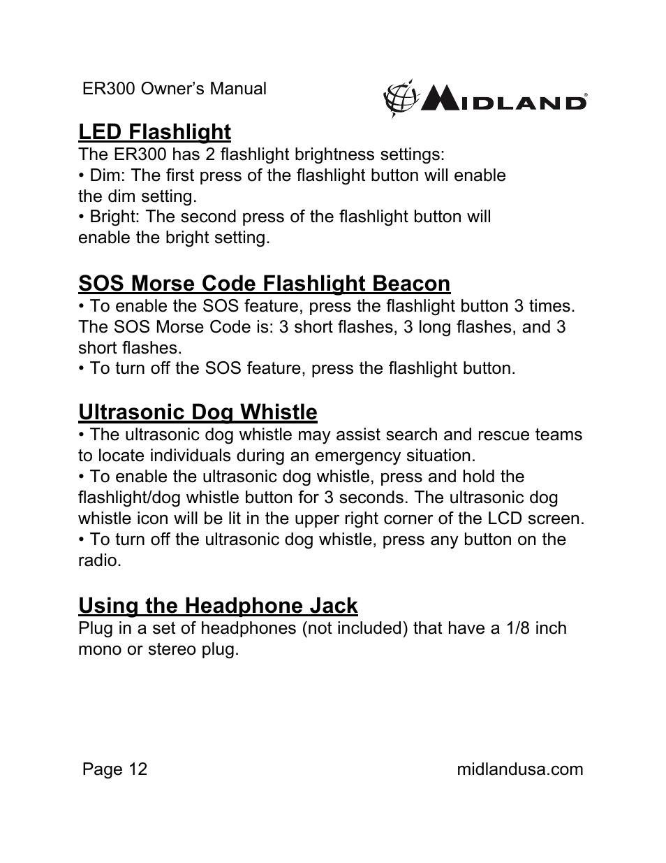 Led flashlight, Sos morse code flashlight beacon, Ultrasonic dog whistle | Using the headphone jack | MIDLAND ER300 User Manual | Page 12 / 19