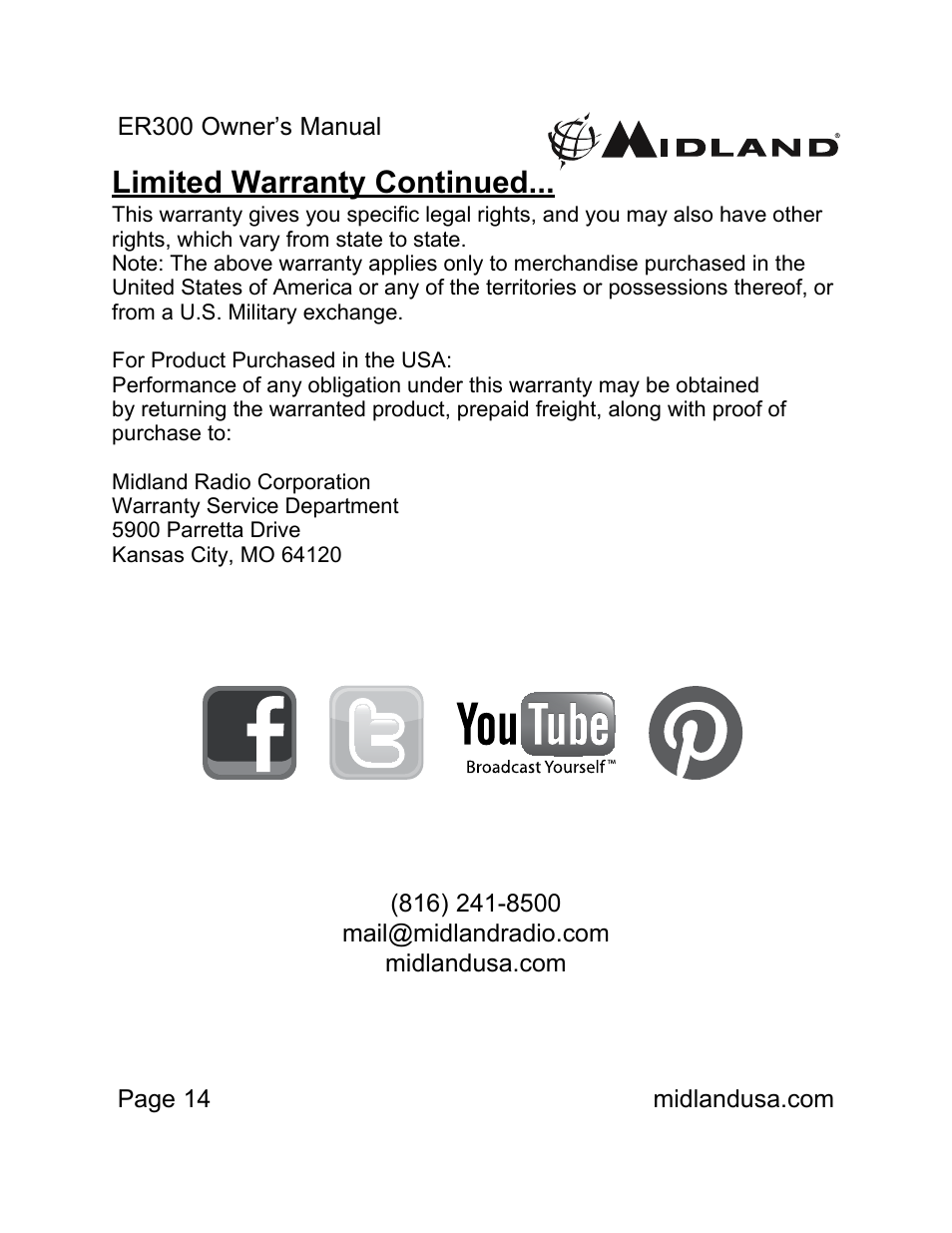 Limited warranty continued | MIDLAND ER300 User Manual | Page 14 / 19