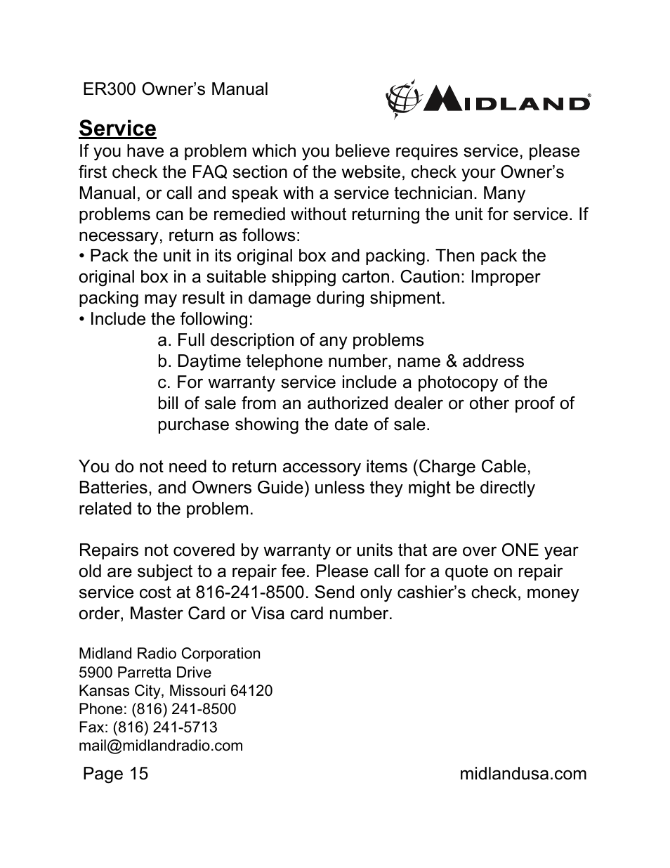 Service | MIDLAND ER300 User Manual | Page 15 / 19
