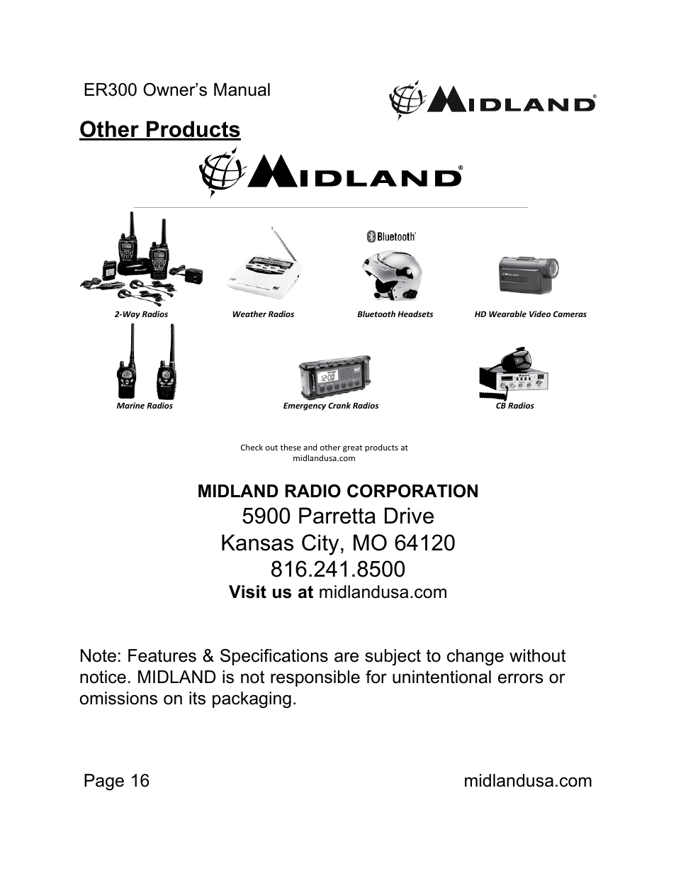 Other products, Midland radio corporation | MIDLAND ER300 User Manual | Page 16 / 19