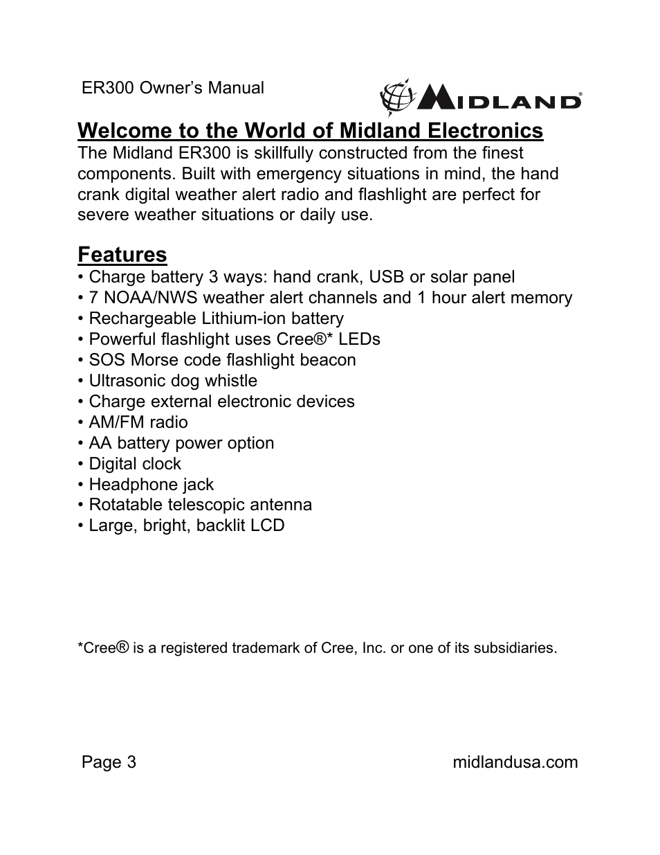 Features, Welcome to the world of midland electronics | MIDLAND ER300 User Manual | Page 3 / 19