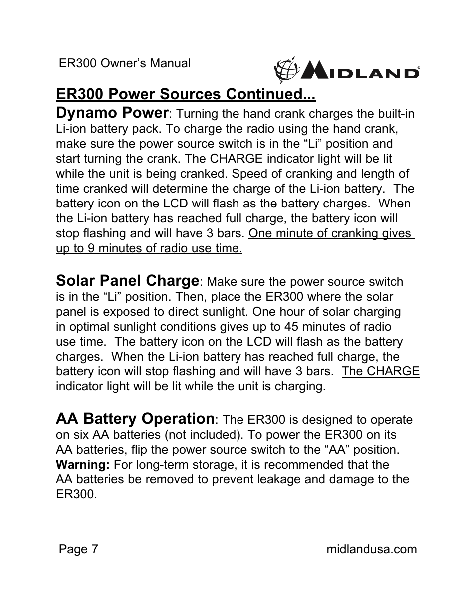 Er300 power sources continued... dynamo power, Solar panel charge, Aa battery operation | MIDLAND ER300 User Manual | Page 7 / 19