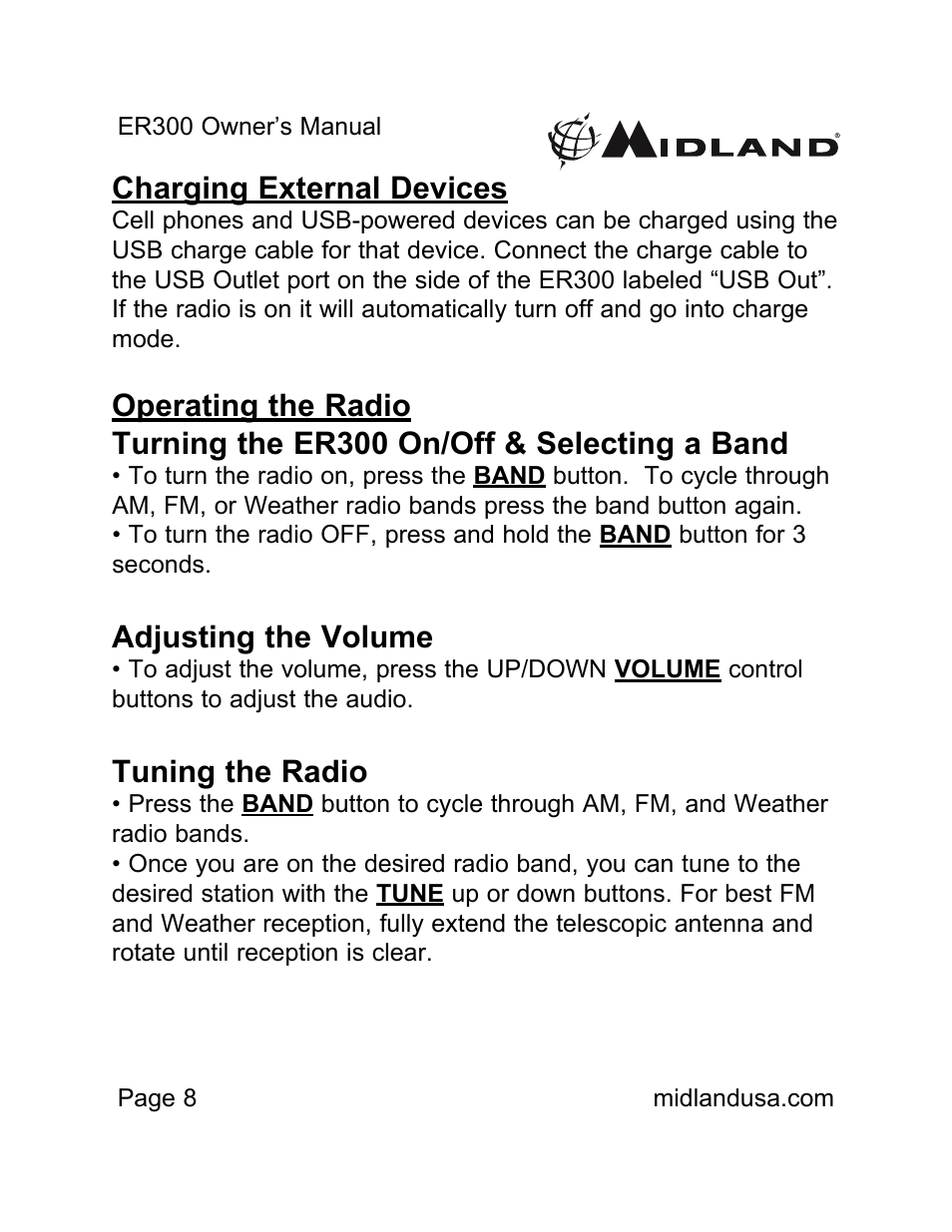 Using the usb output port to charge a device, Operating the radio, Charging external devices | Adjusting the volume, Tuning the radio | MIDLAND ER300 User Manual | Page 8 / 19