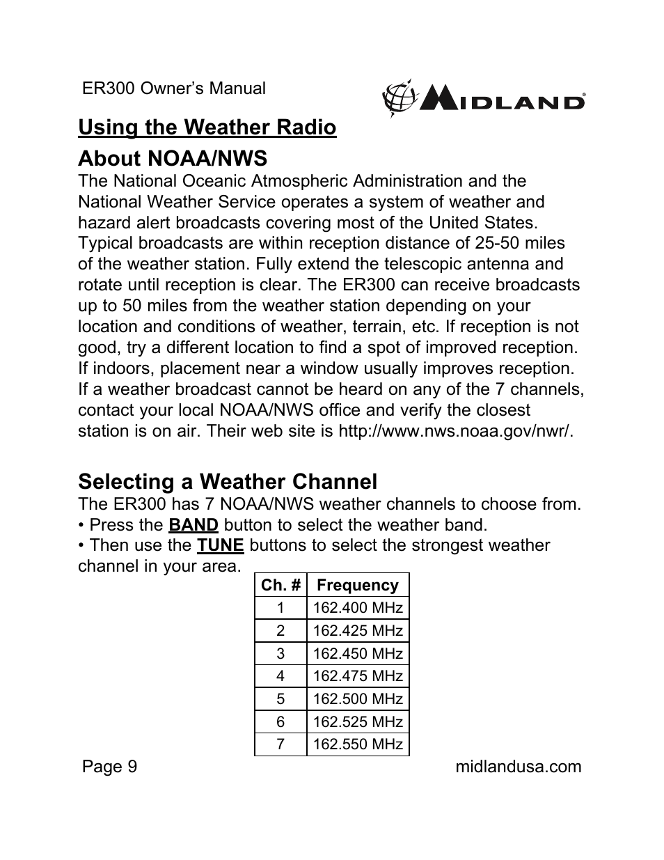 Using the weather radio, Using the weather radio about noaa/nws, Selecting a weather channel | MIDLAND ER300 User Manual | Page 9 / 19