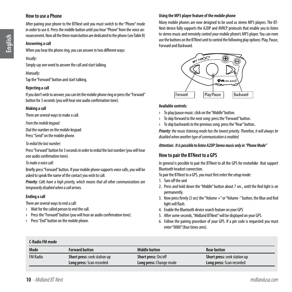 English | MIDLAND BT NEXT User Manual | Page 10 / 16