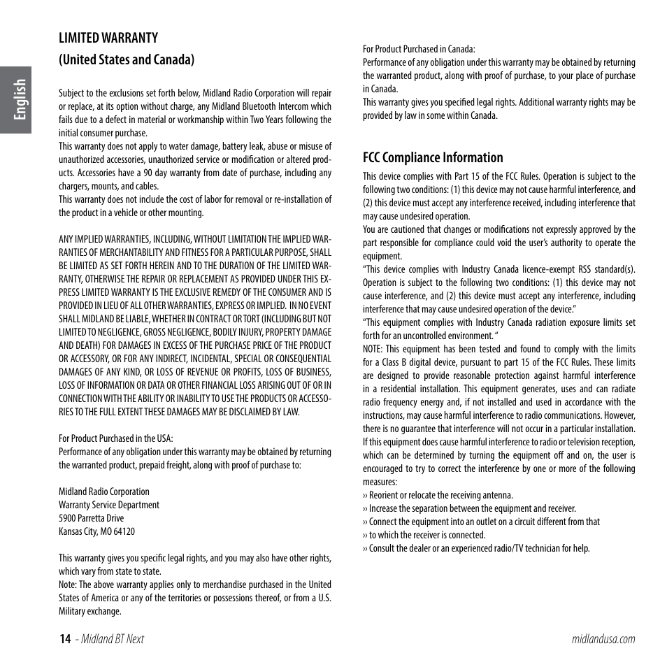 Limited warranty, Fcc compliance information, English | Limited warranty (united states and canada) | MIDLAND BT NEXT User Manual | Page 14 / 16